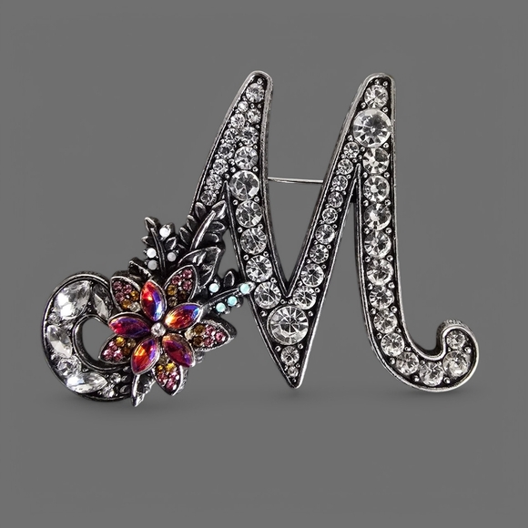 Letter M Initial Brooch Pin Lapel Scarf Silver Rhinestone Crystal Floral Pink - Picture 1 of 3